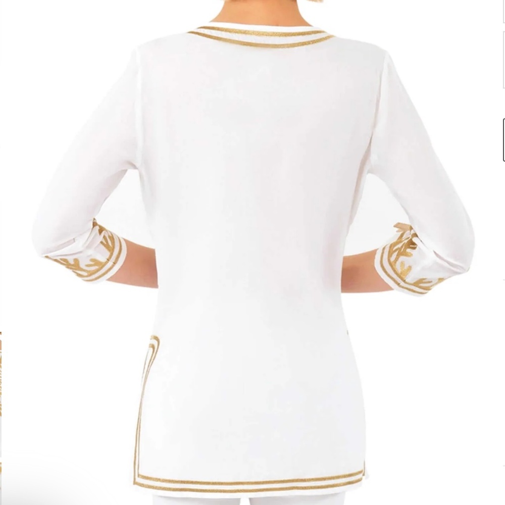 NEW Gretchen Scott Women's Cotton Reef Tunic White Gold 3/4 Sleeve Small S CT - Picture 3 of 5